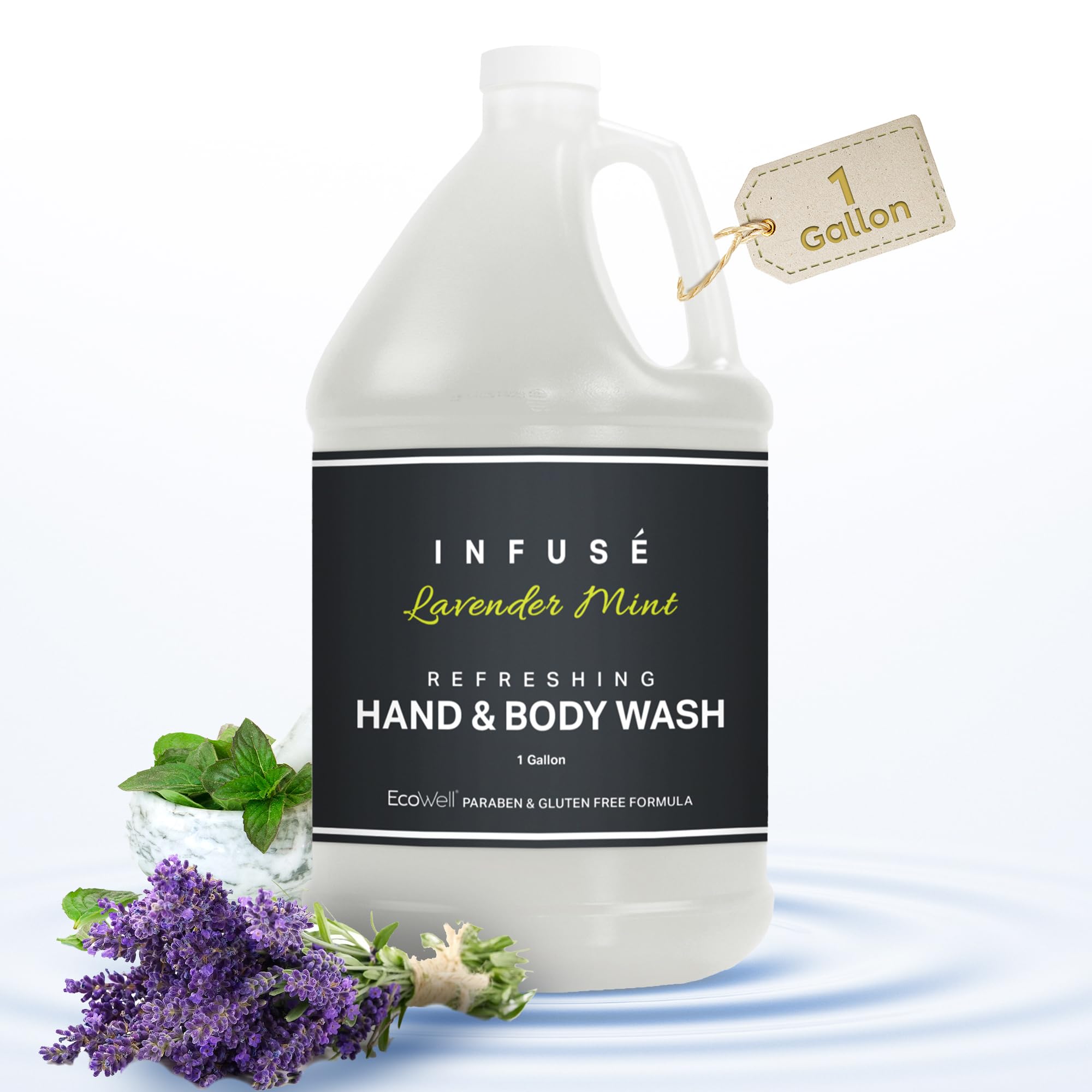 1-Shoppe All-in-Kit Infuse Lavender Mint hotel bottle ready for guest room refills.