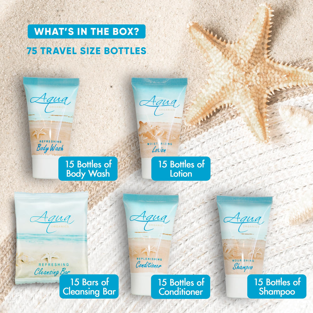 1-Shoppe Aqua Organics body wash bottle for a cleansing travel routine.