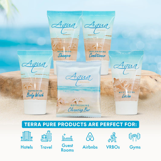 1-Shoppe Aqua Organics conditioner bottle offers smooth hair for hotel guests.
