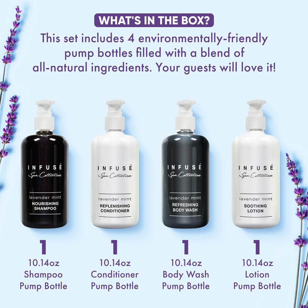 1-Shoppe Infuse Lavender Mint Spa Collection Packaging highlights eco-friendly, refillable amenities.