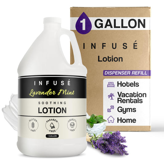 1-Shoppe Infuse Lotion Lavender Mint bottle pour for a luxury hotel guest experience.