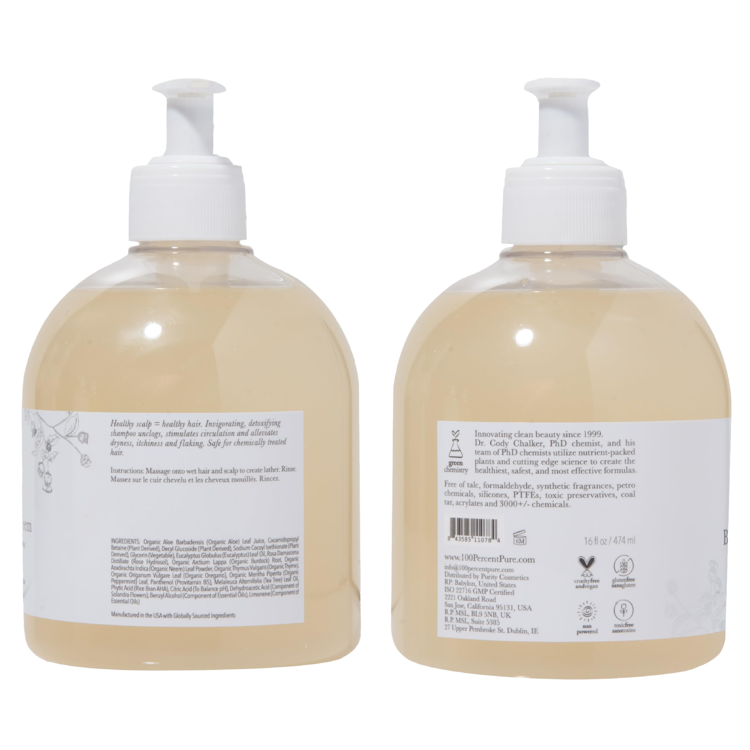 100% PURE Burdock & Neem shampoo detailed packaging communicates clean beauty