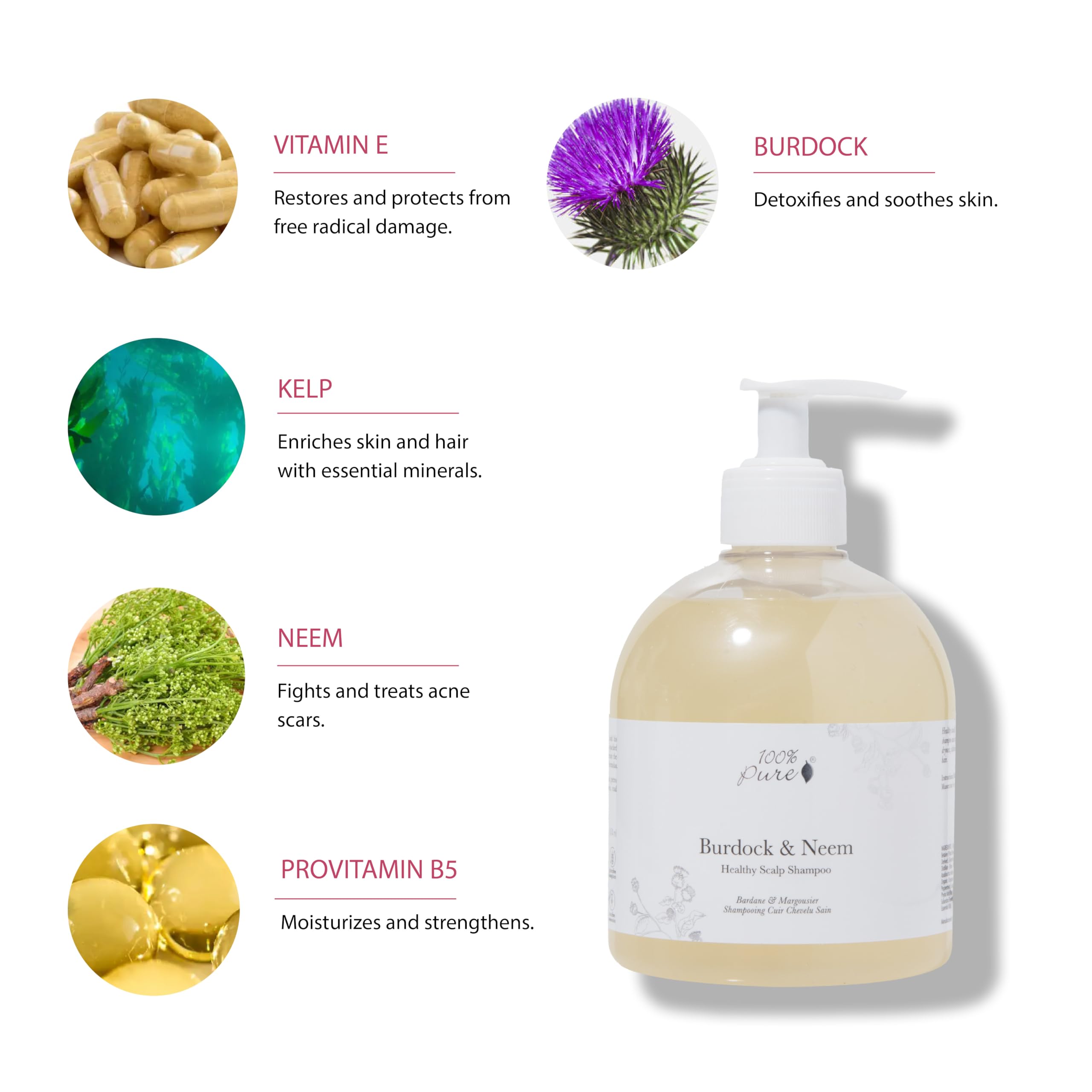 100% PURE Burdock & Neem shampoo ingredients list highlights gentle, nourishing wash