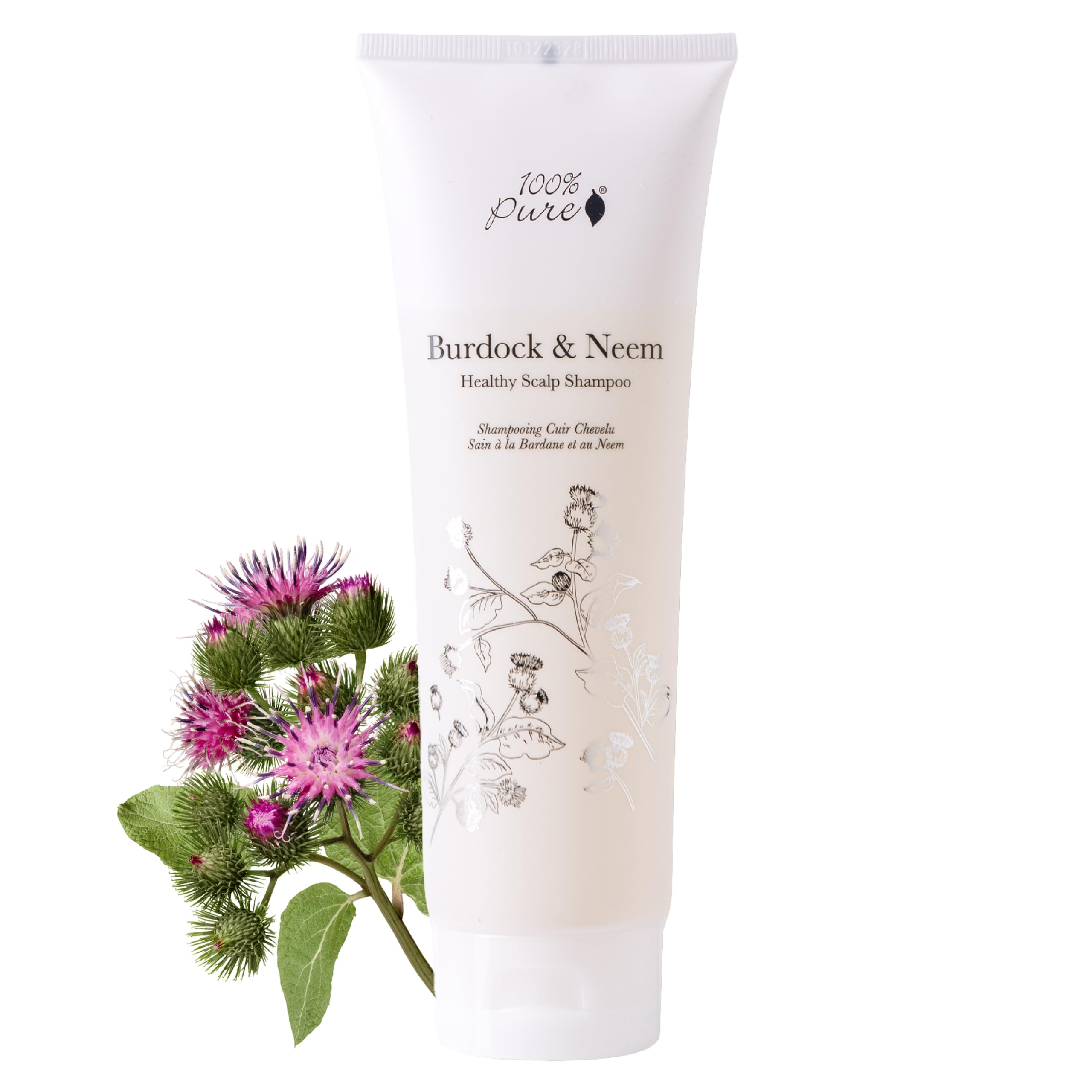 100% PURE Burdock & Neem Shampoo bottle promoting balanced, soothed scalp