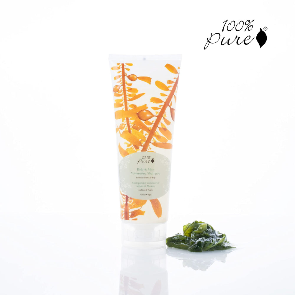 100% Pure Kelp and Mint Shampoo scalp massage demonstrates gentle cleansing.