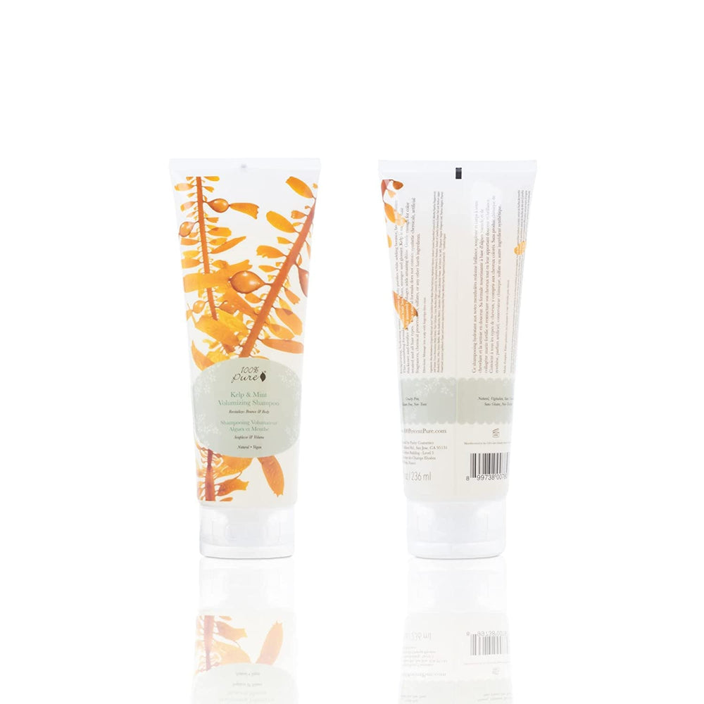 100% Pure Kelp and Mint Shampoo volume-beauty shot highlights natural body and shine.