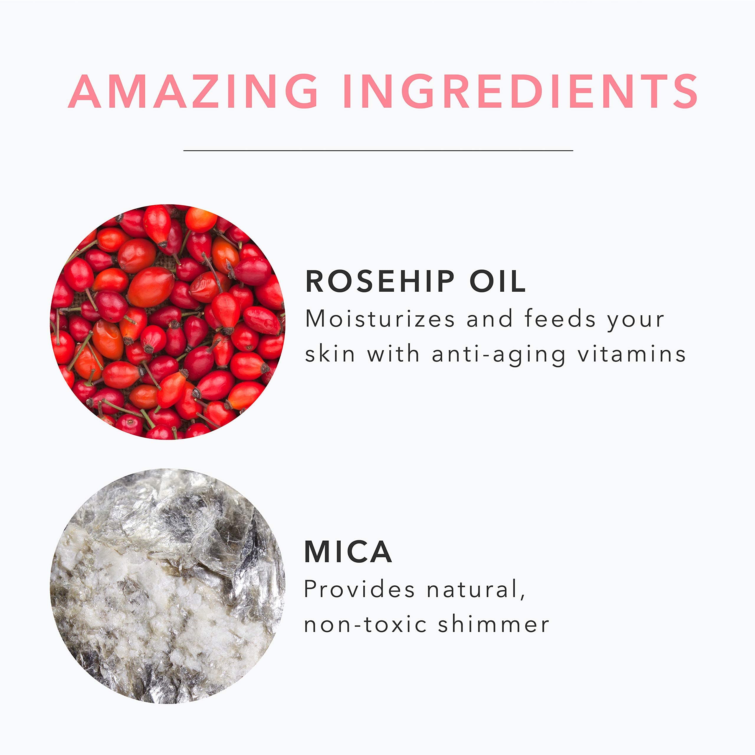 Ingredient highlights from the 100% PURE Rose Gold Palette with rice starch base.