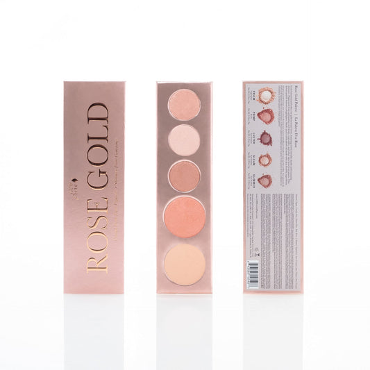 100% PURE Rose Gold Makeup Palette open, showing blush, highlighter, and eyeshadows.
