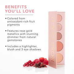 Close-up swatches of warm rose gold shades from the 100% PURE palette.