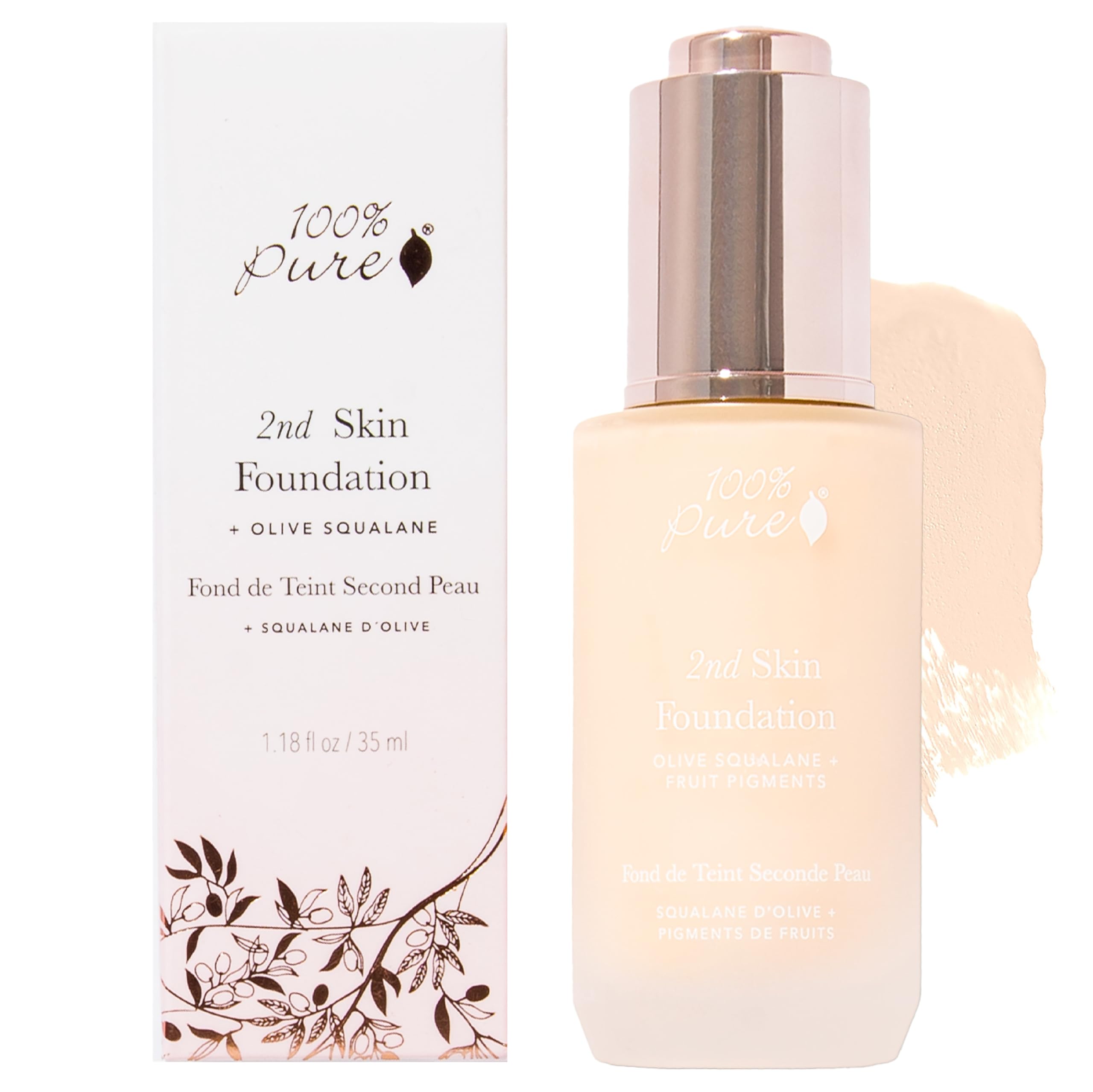 100% PURE 2nd Skin bottle pour shows a lightweight serum texture for effortless wear.
