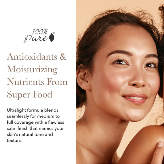 Shade 4 swatch on arm shows warm olive undertone of 100% PURE foundation