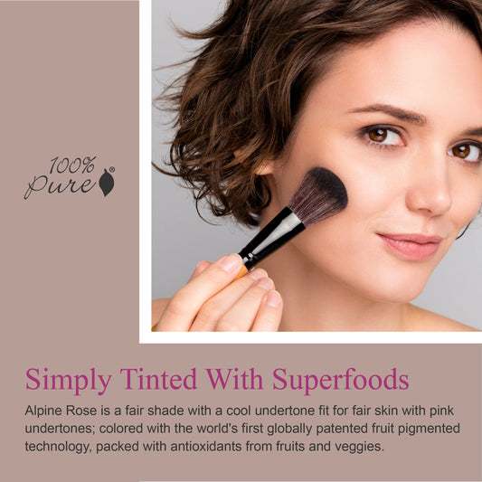 100% PURE Alpine Rose swatch on skin demonstrates shade and smooth blend.