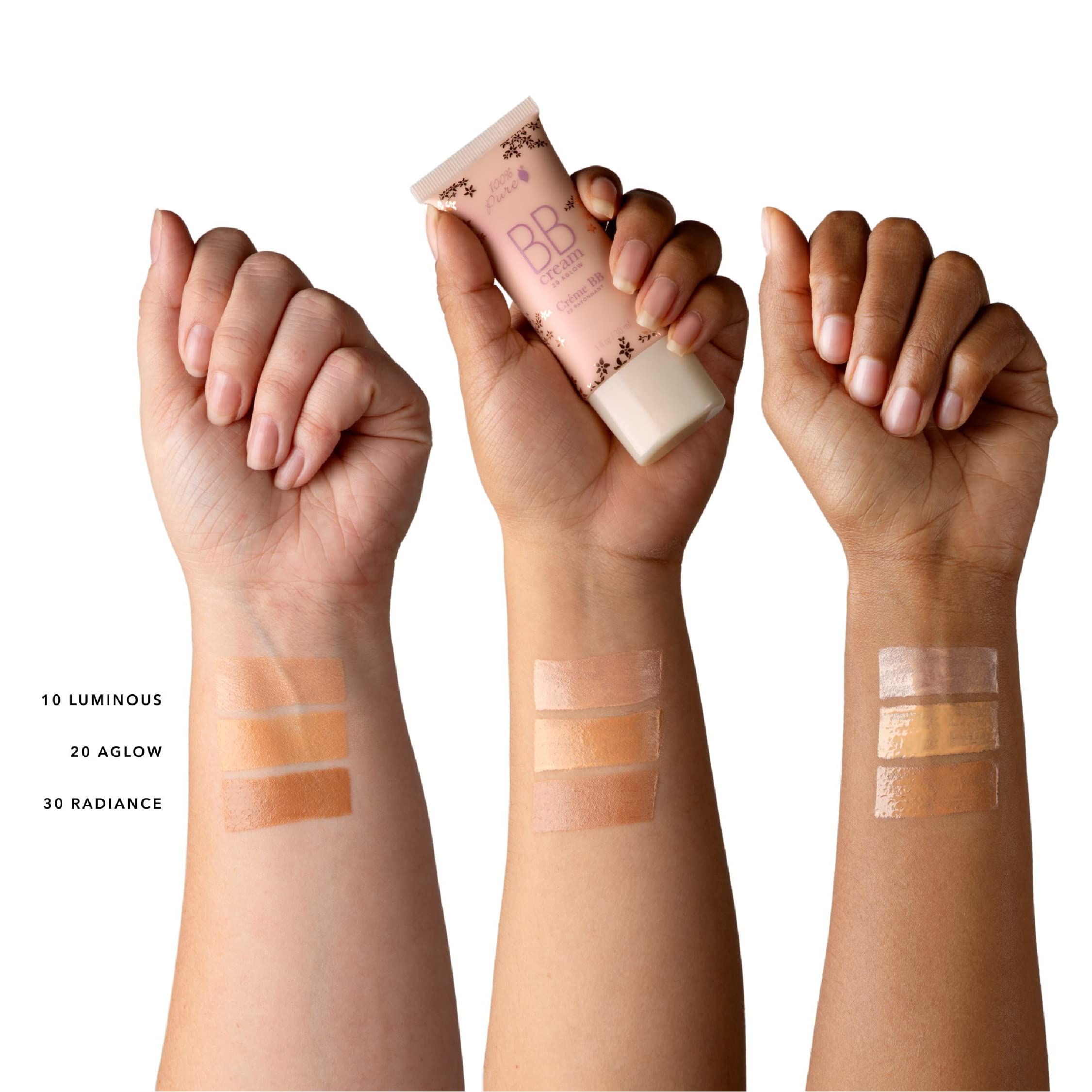 100% PURE BB Cream Shade 20 Aglow glow finish on skin.