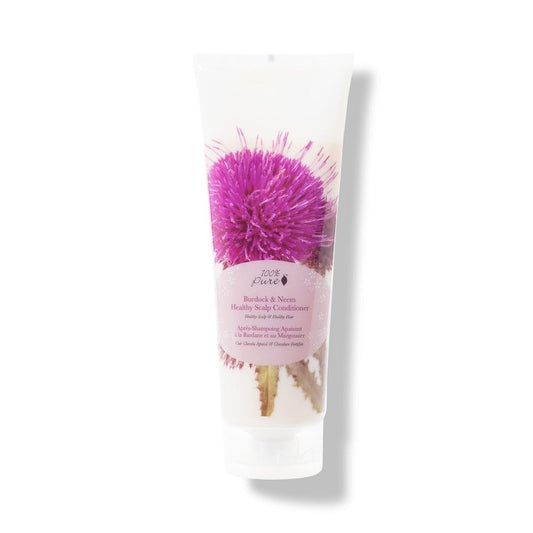 100% PURE Burdock and Neem conditioner bottle for purifying, hydrating scalp care.