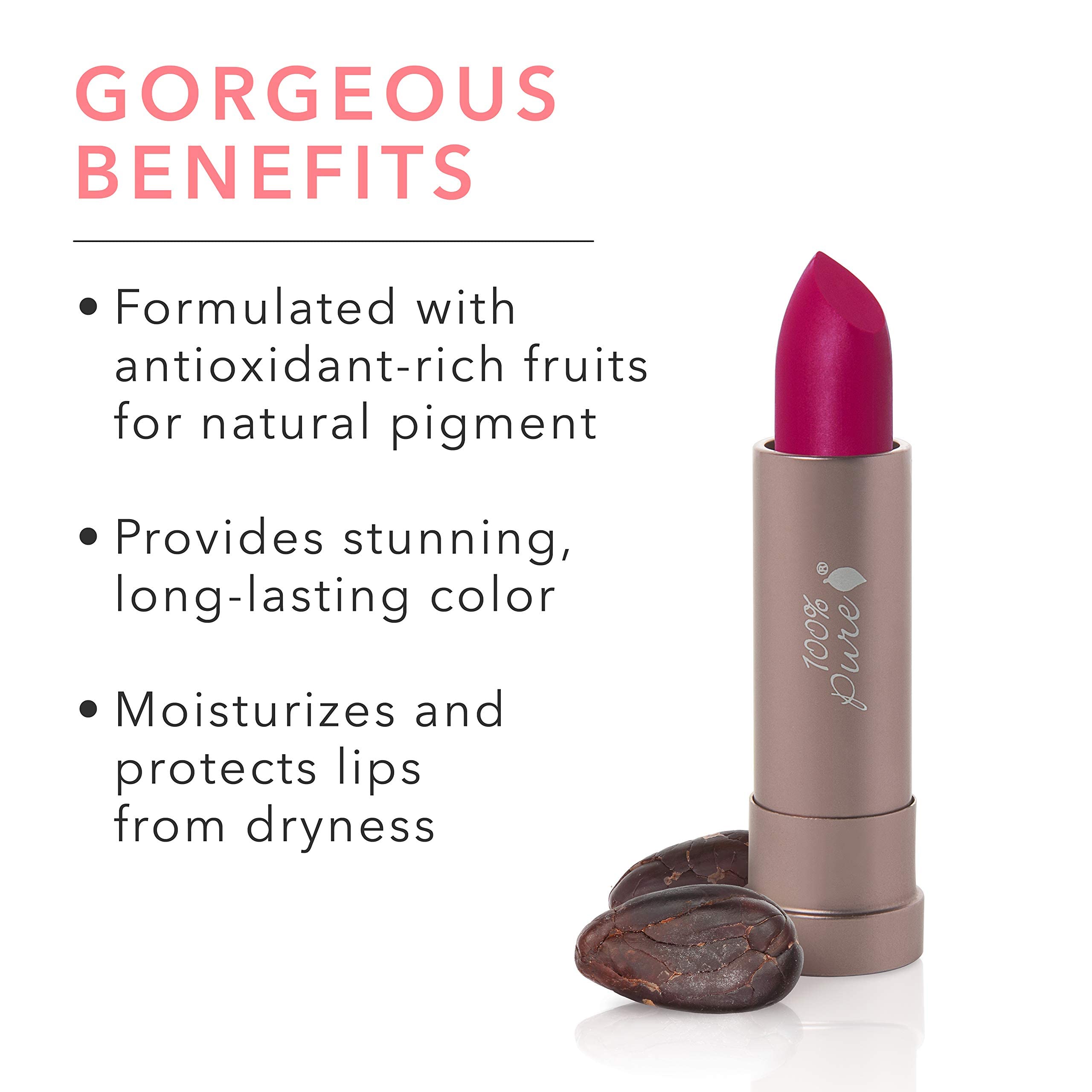 100% PURE Cocoa Butter Matte Lipstick provides hydrating color with enduring matte coverage.