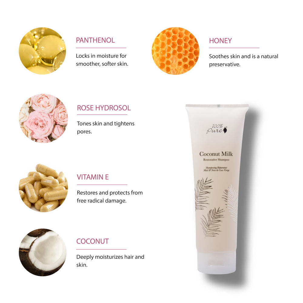 100% PURE coconut milk restorative shampoo ingredients panel highlights coconut oil and flax seed