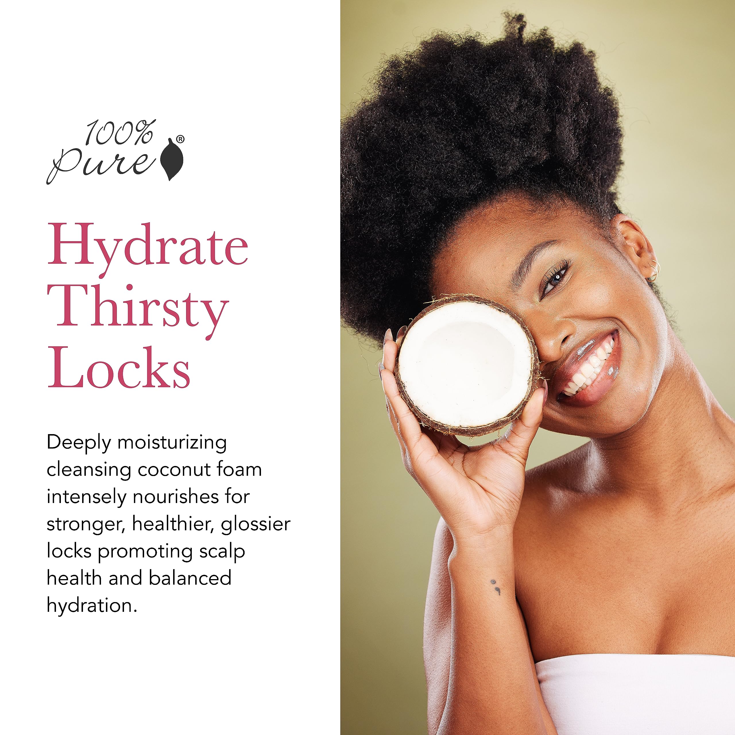 100% PURE coconut milk restorative shampoo lather illustrates gentle cleansing and detangling
