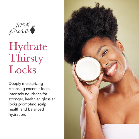100% PURE coconut milk restorative shampoo lather illustrates gentle cleansing and detangling