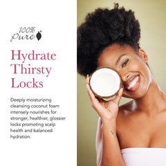 100% PURE coconut milk restorative shampoo lather illustrates gentle cleansing and detangling