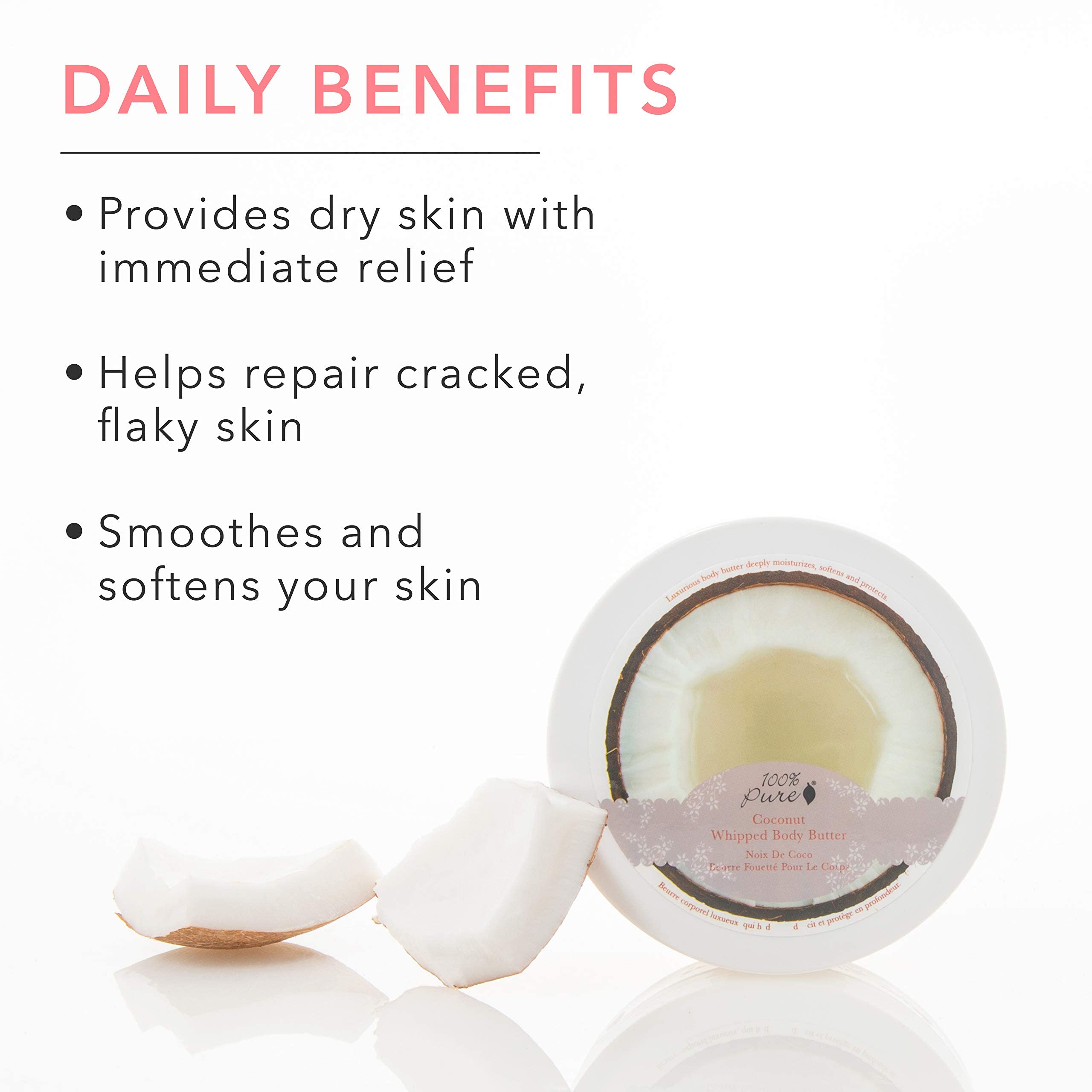Packaging of 100% PURE Coconut Whipped Body Butter highlighting vegan formula