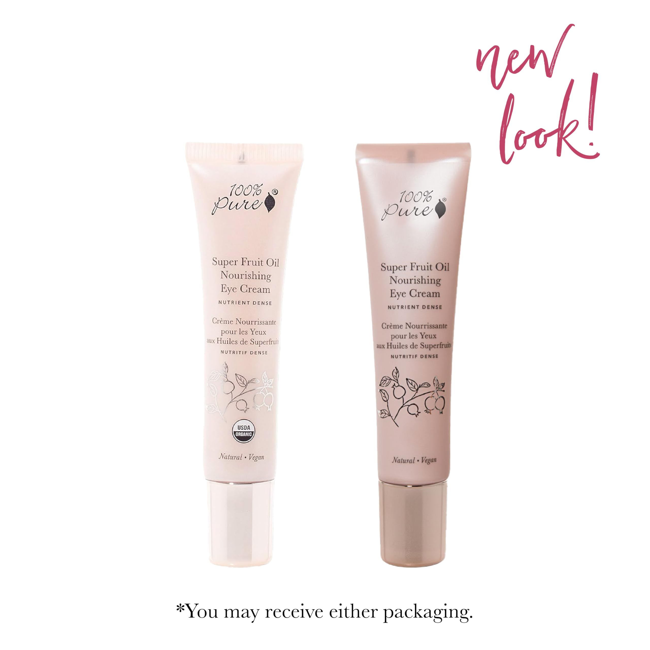 100% PURE eye cream application close-up demonstrates creamy texture for under-eye hydration.