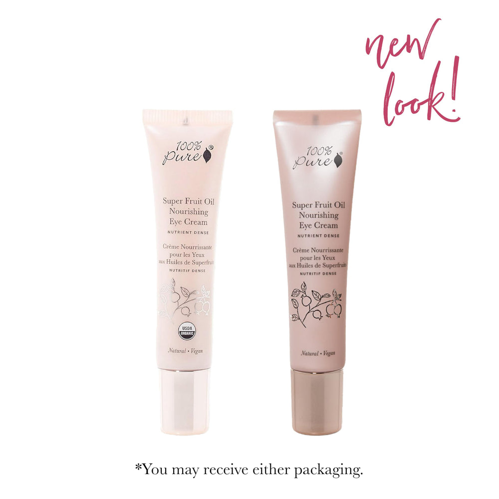 100% PURE eye cream application close-up demonstrates creamy texture for under-eye hydration.