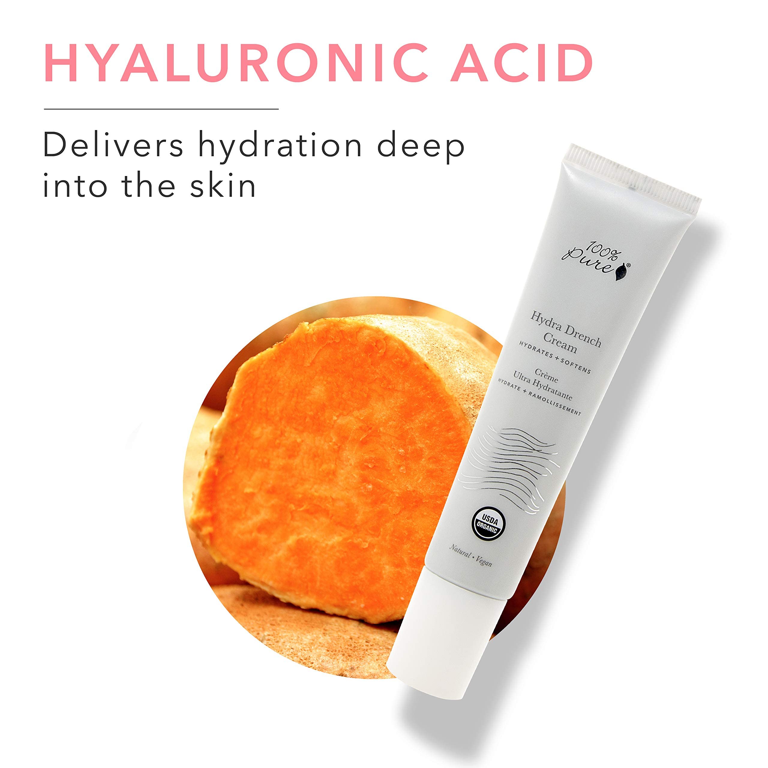 100% PURE Hydra Drench Cream hyaluronic‑acid bottle indicating deep hydration support.