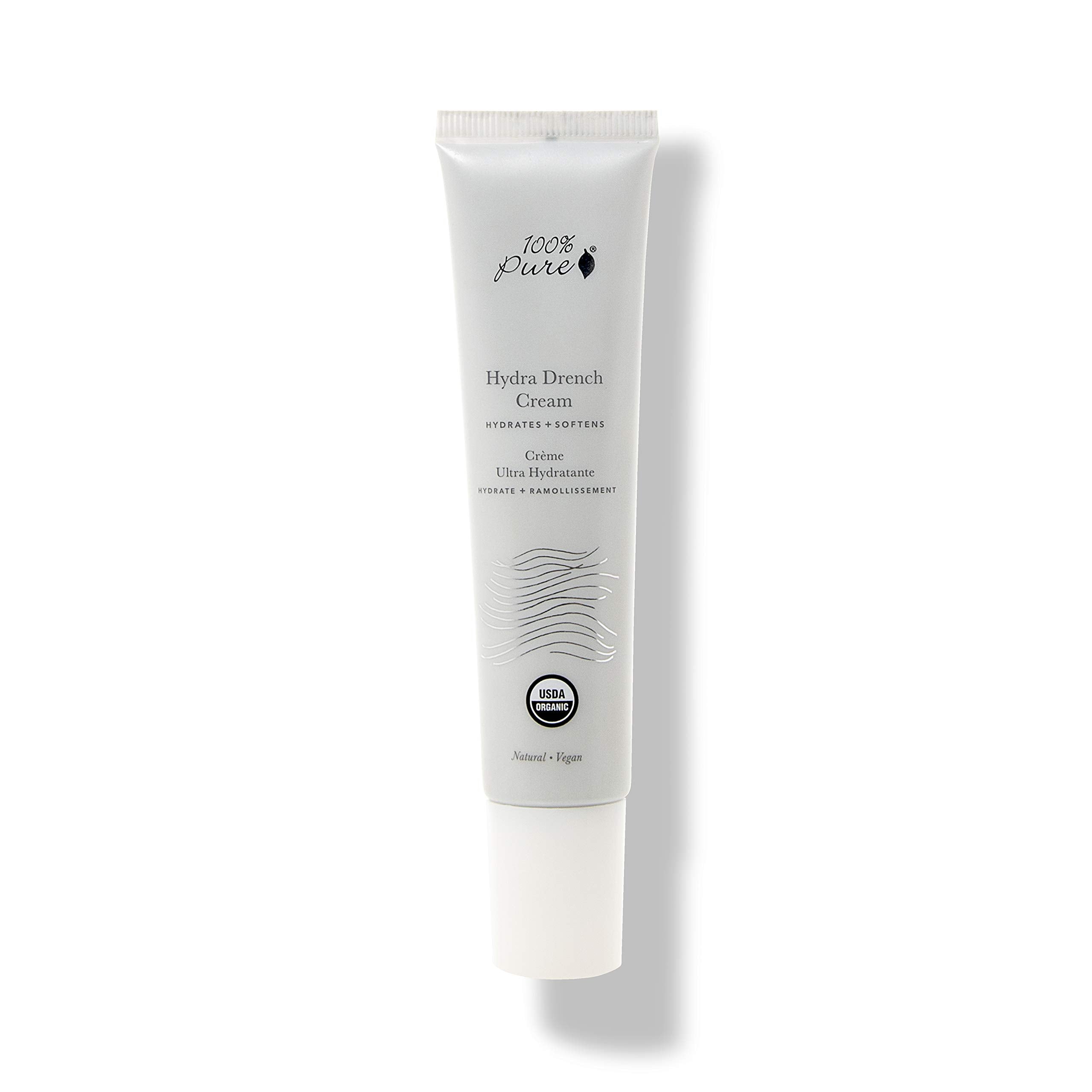 100% PURE Hydra Drench Cream jar close-up showing lightweight hydration for all skin types.