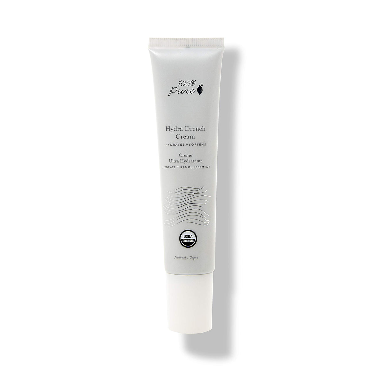 100% PURE Hydra Drench Cream jar close-up showing lightweight hydration for all skin types.