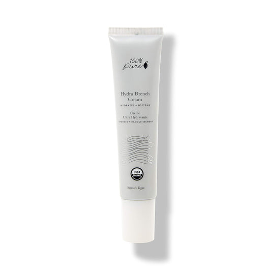 100% PURE Hydra Drench Cream jar close-up showing lightweight hydration for all skin types.