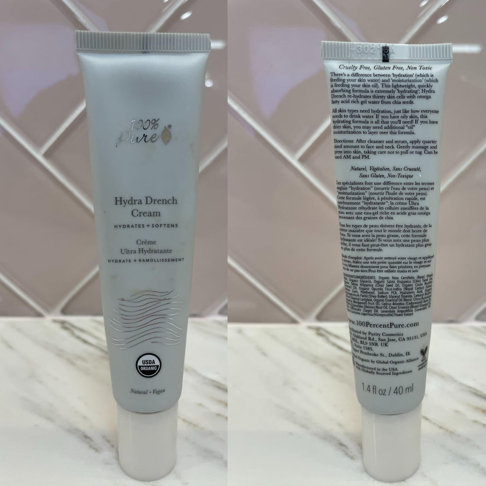 100% PURE Hydra Drench Cream packaging shown for easy daily use.