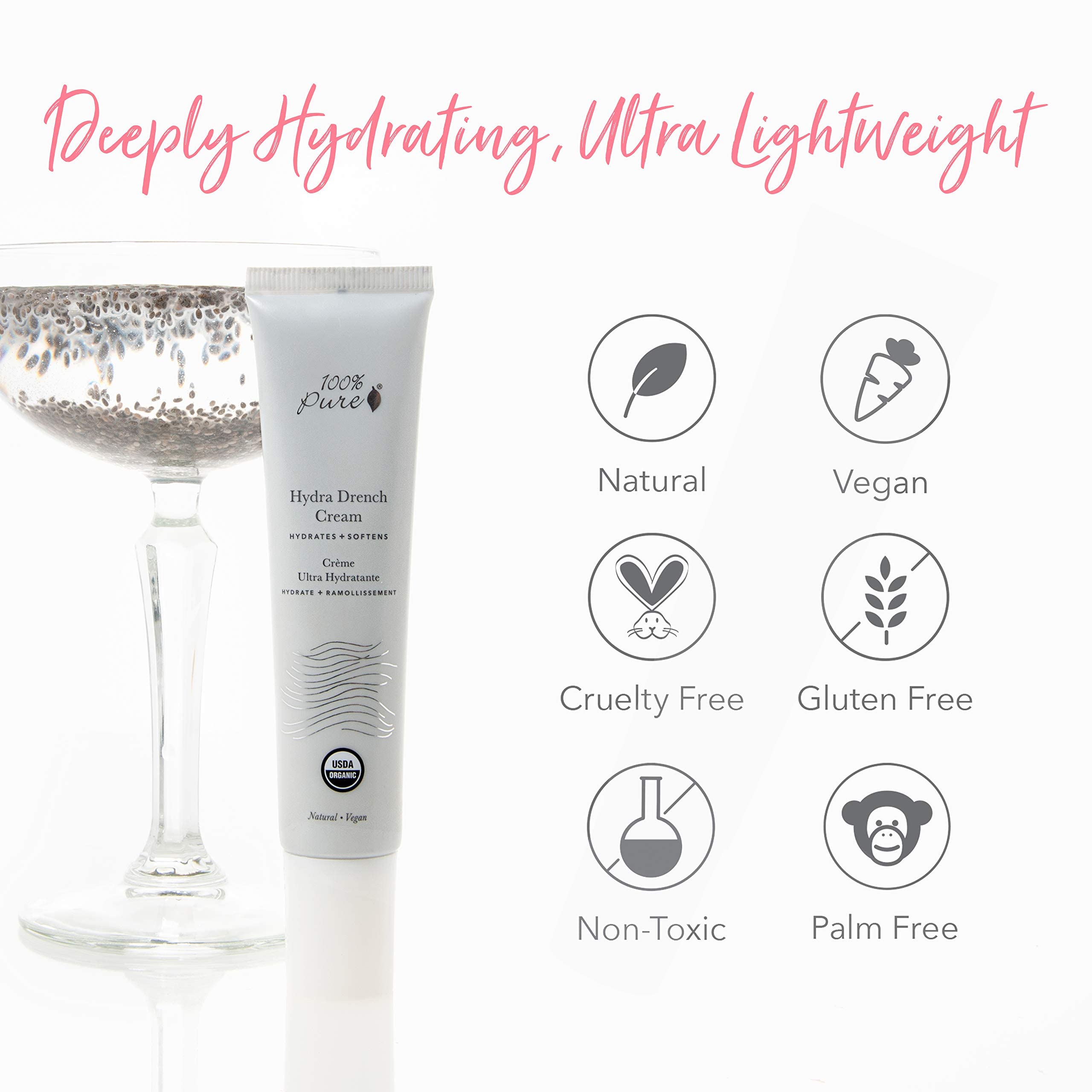 100% PURE Hydra Drench Cream plant-based formula for clean skincare.