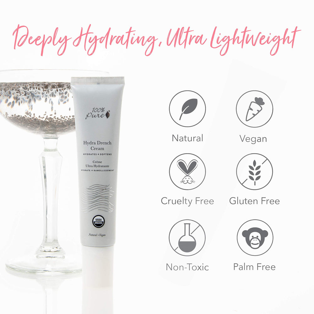 100% PURE Hydra Drench Cream plant-based formula for clean skincare.