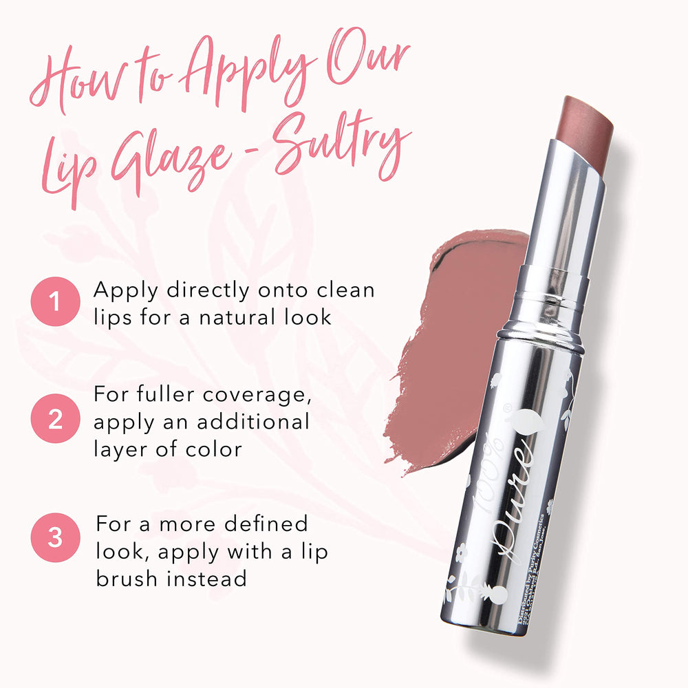 Applied on lips, 100percentpure Lip Glaze Sultry adds subtle shine with hydration.