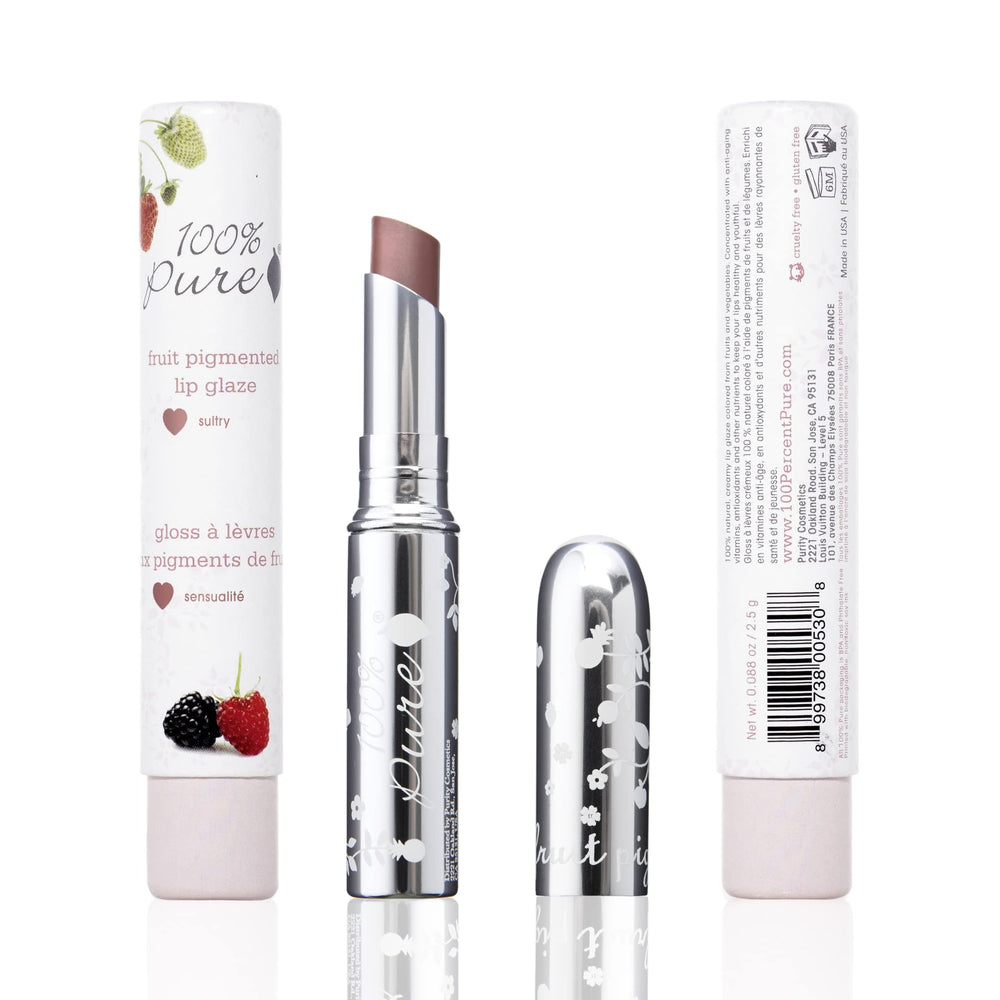 Close-up of 100percentpure Lip Glaze Sultry tube highlighting creamy texture for easy application.