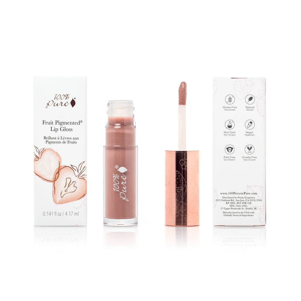 100% PURE Lip Gloss Pink Caramel with wet shine for a mirror-like finish on lips