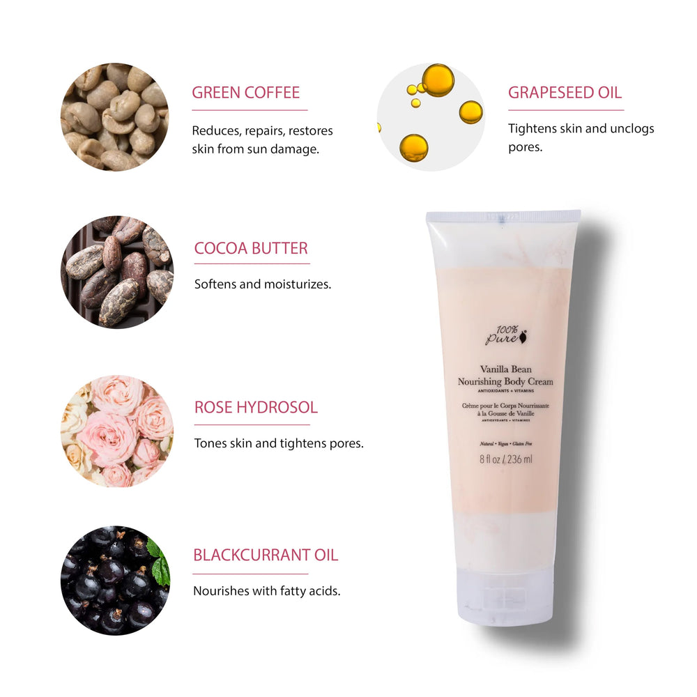 100% PURE Nourishing Body Cream Vanilla Bean ingredients oil blend delivers moisture and softness.