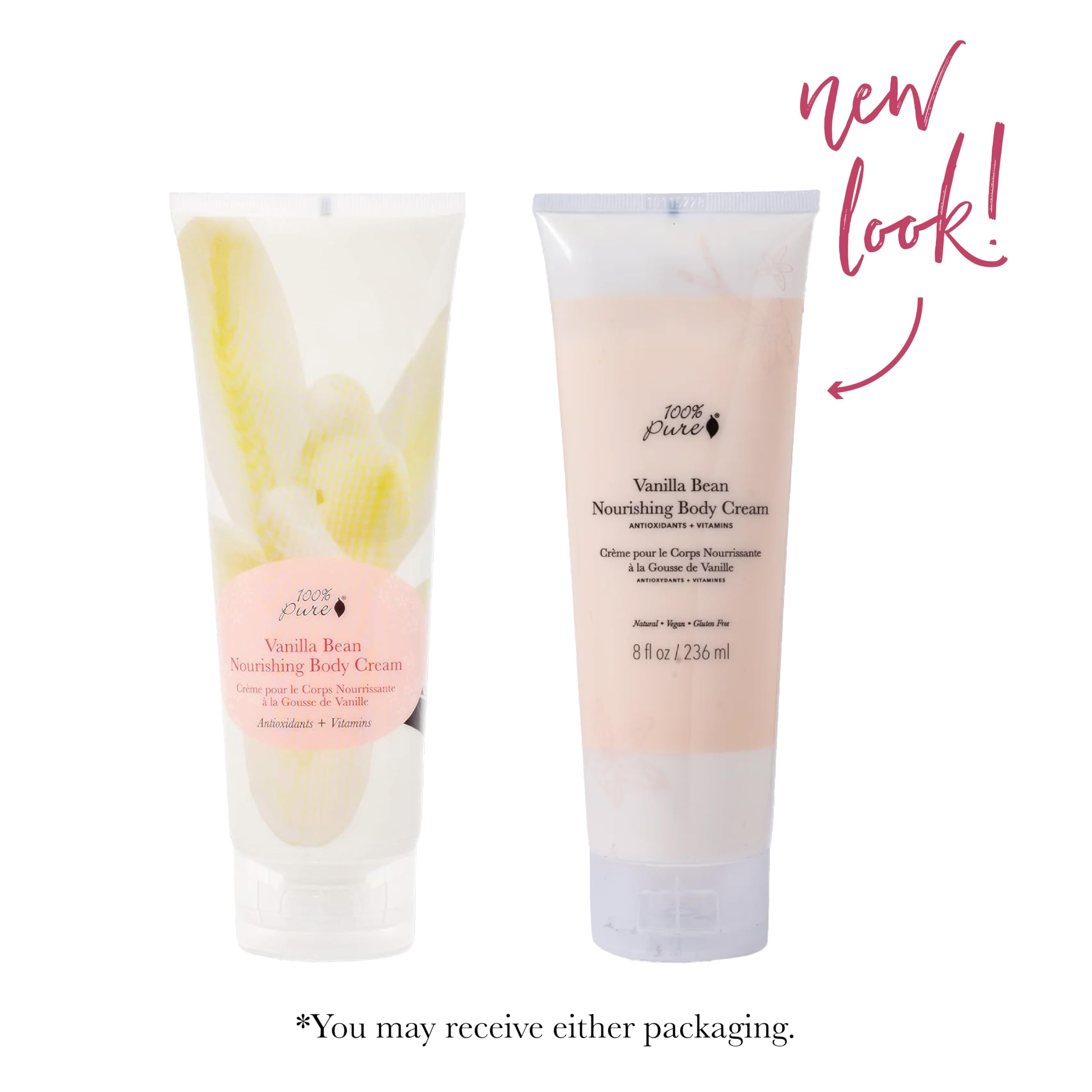 100% PURE Nourishing Body Cream Vanilla Bean pump dispenser for convenient daily use.