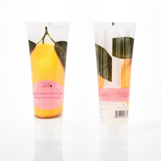 100% PURE Pink Grapefruit Shower Gel bottle pouring to show creamy lather.