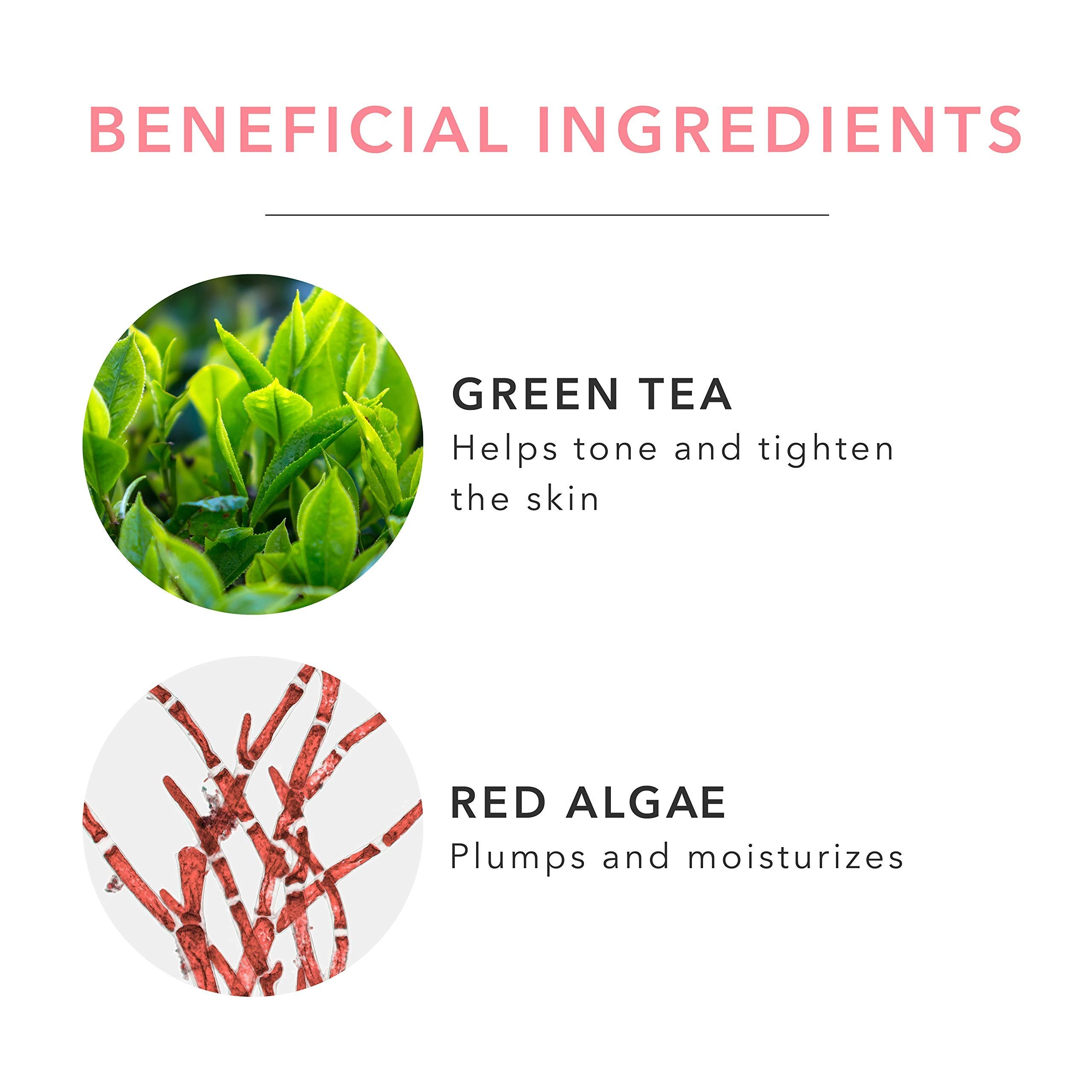 100% PURE Red algae, green tea, and rose hydrosol hint at skin-friendly benefits.