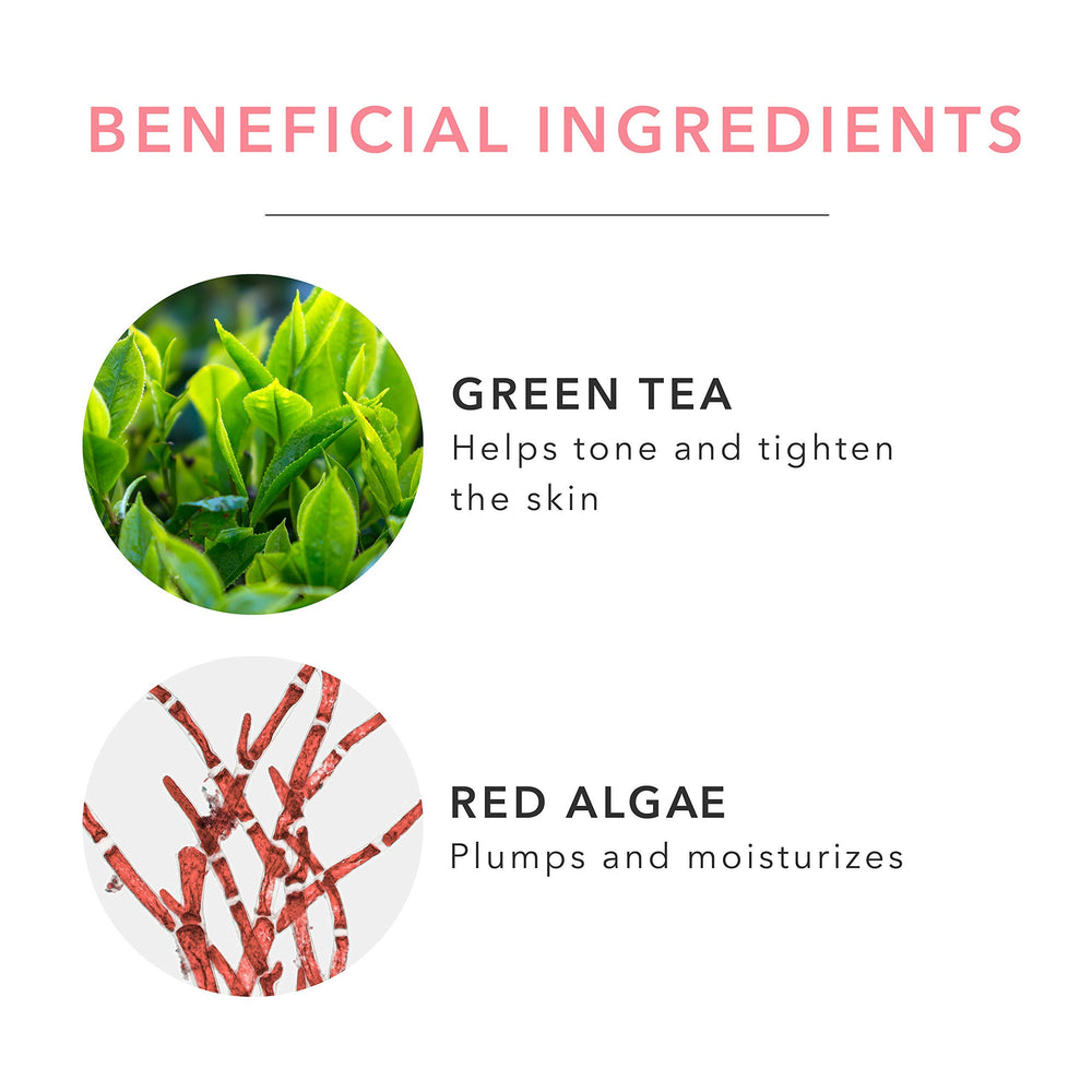 100% PURE Red algae, green tea, and rose hydrosol hint at skin-friendly benefits.