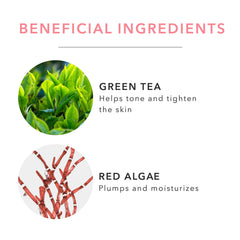 100% PURE Red algae, green tea, and rose hydrosol hint at skin-friendly benefits.