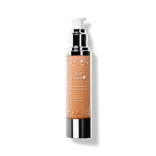 100% Pure tinted moisturizer bottle in golden peach for a natural glow