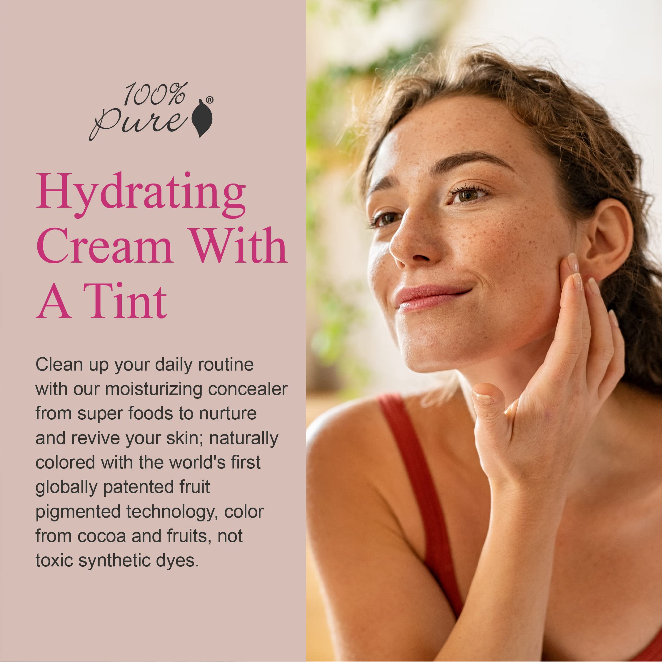 Swatch of 100% PURE White Peach tinted moisturizer showing light-to-medium shade.