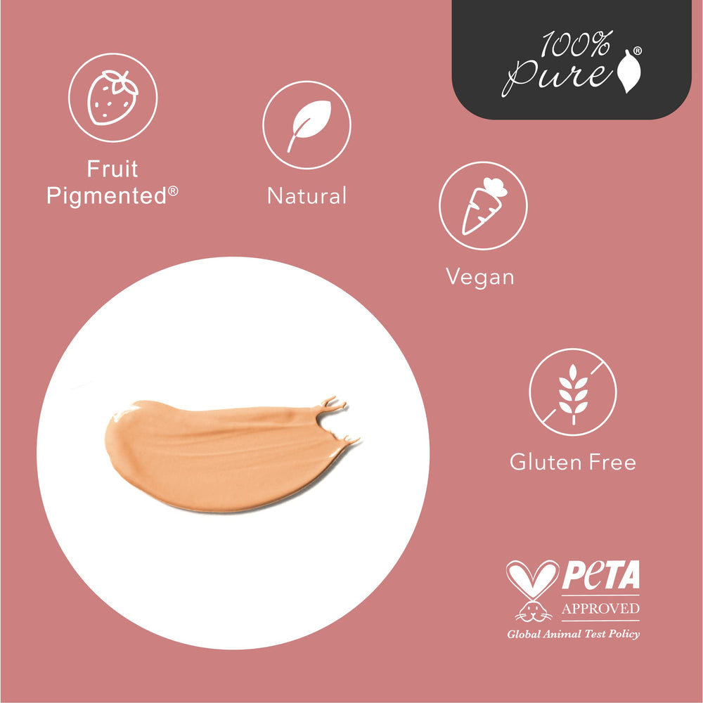 Vegan and cruelty-free badge displayed on 100% PURE packaging.