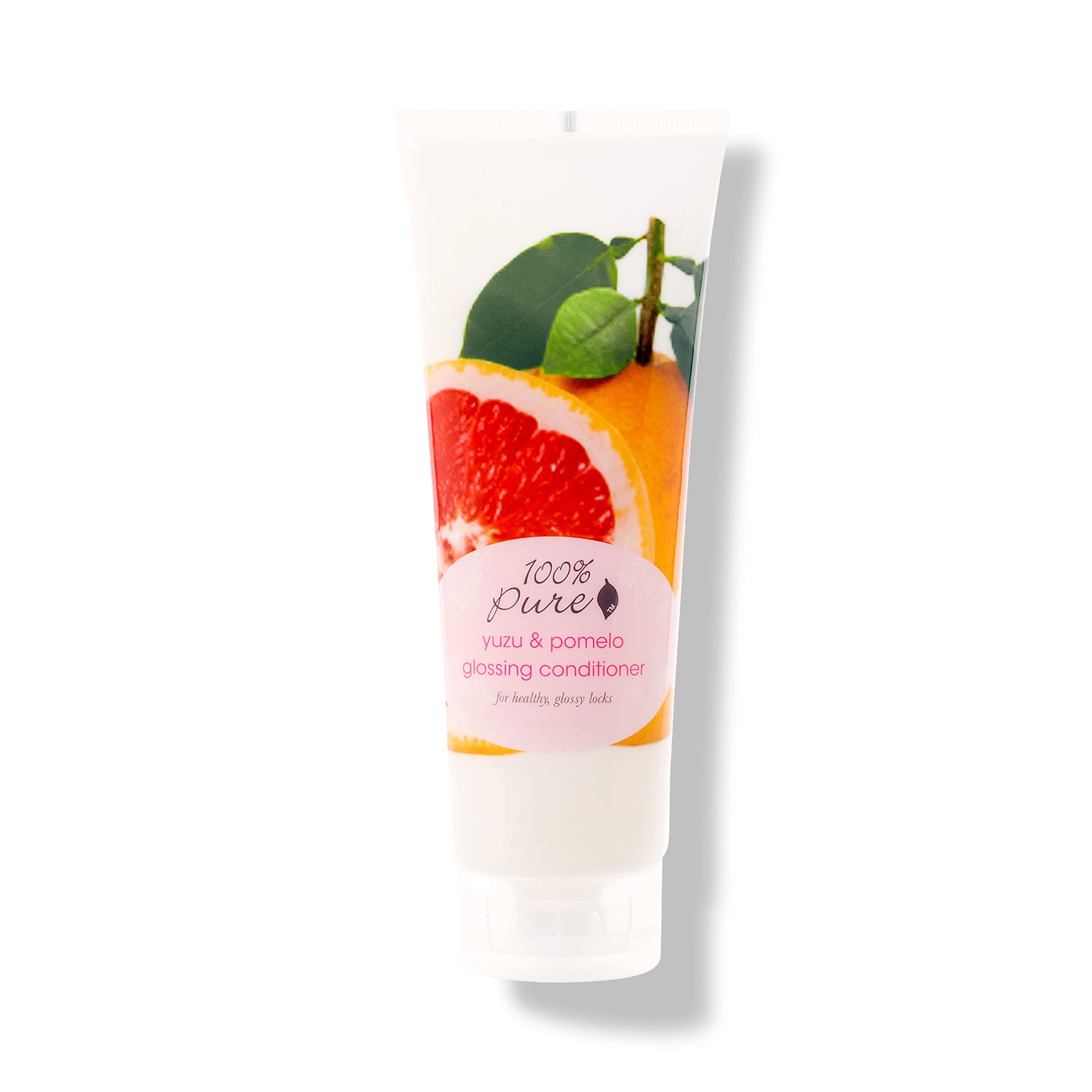 100% PURE Yuzu & Pomelo Glossing Conditioner bottle shows radiant shine and hydration.