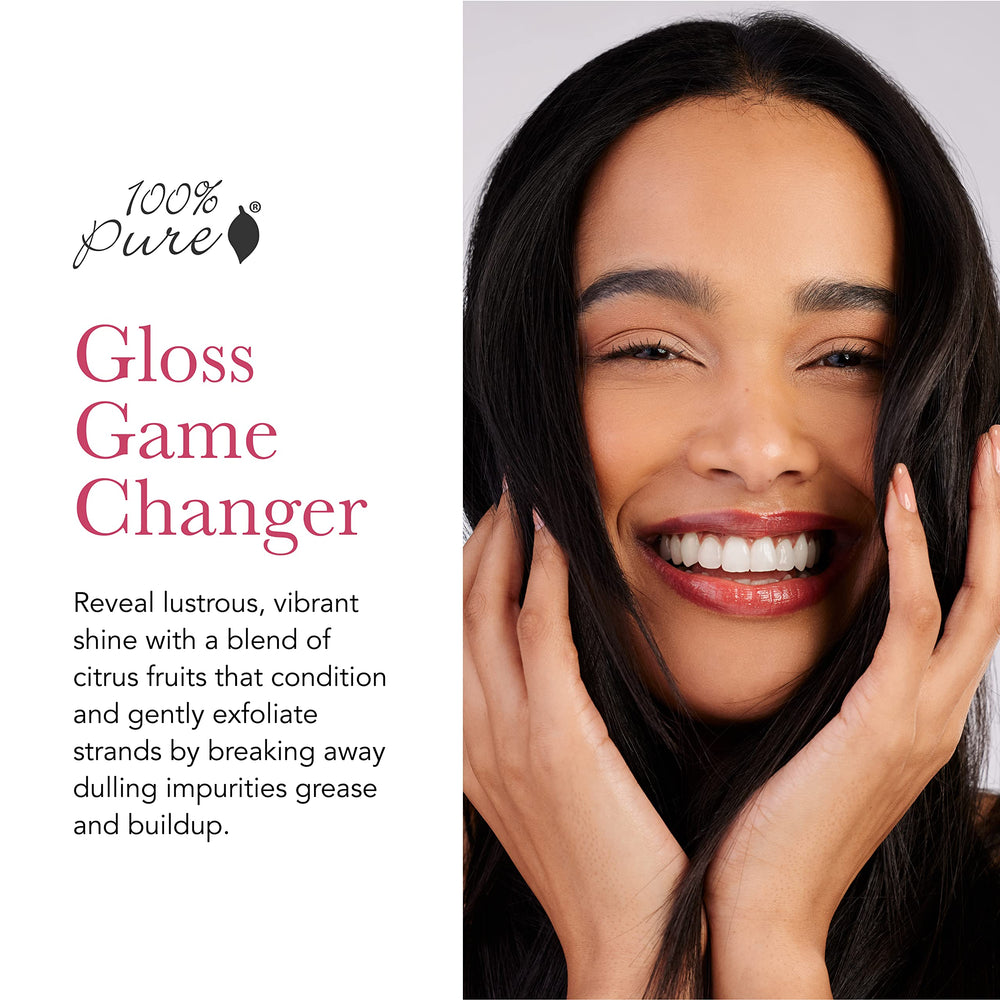Label closeup on 100% PURE Yuzu & Pomelo Glossing Conditioner emphasizes citrus nourishment.