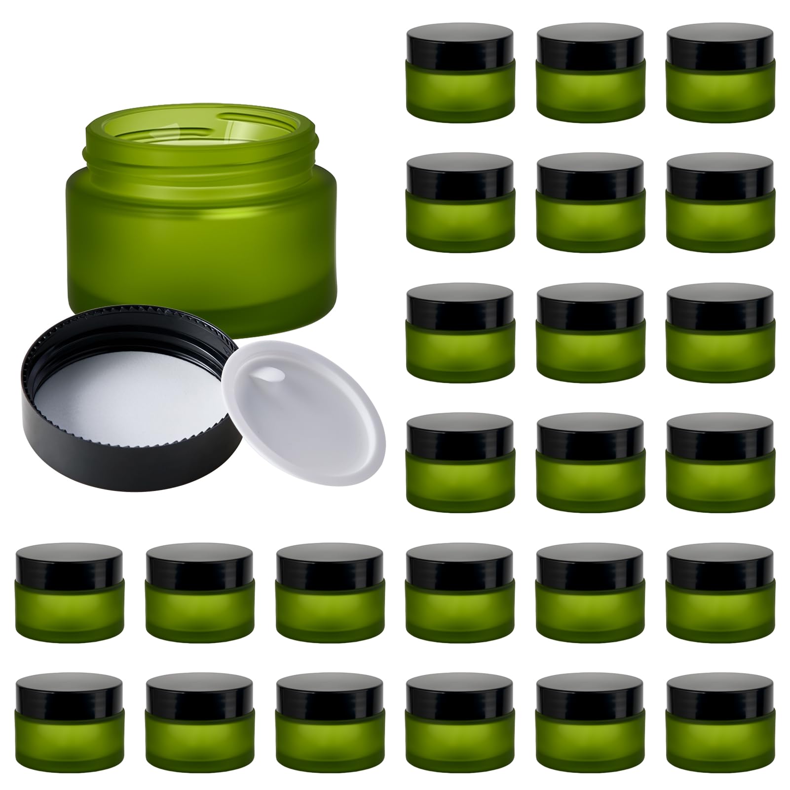 11 Hoa Kinh 1oz green frosted glass jar with lid for travel-friendly cosmetic storage.