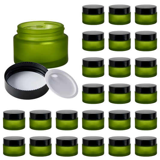 11 Hoa Kinh 1oz green frosted glass jar with lid for travel-friendly cosmetic storage.