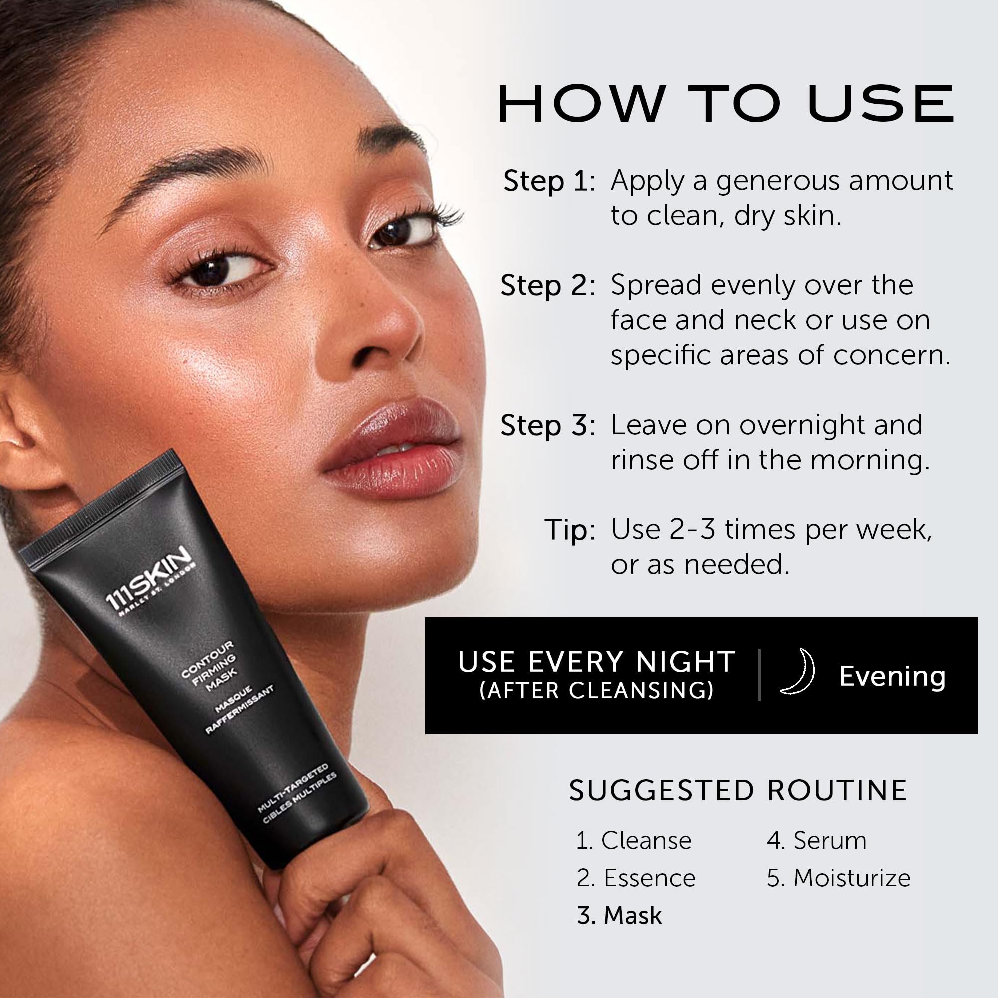 111SKIN Black Diamond Contour Firming Mask night routine demonstrates overnight renewal